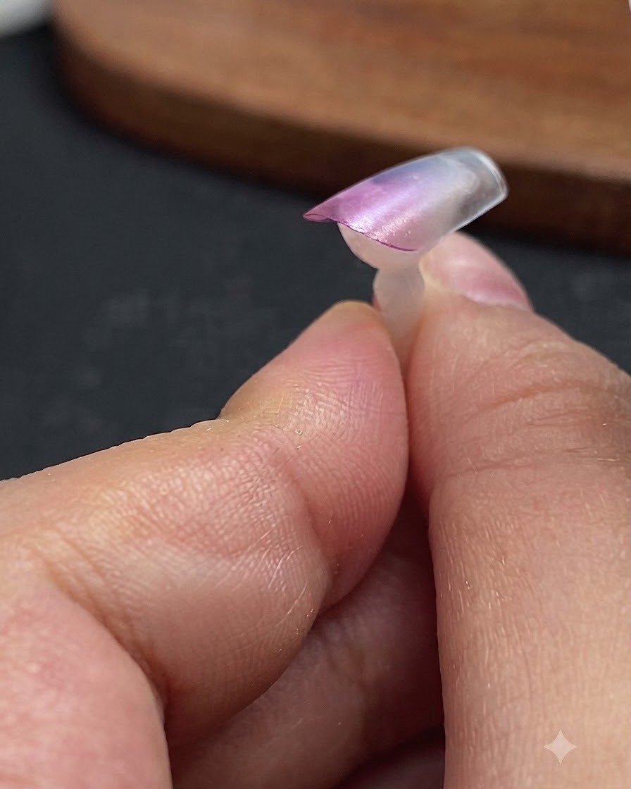 Una tip per unghie trasparente che mostra una sfumatura rosa rosso con gel trasparente blu scuro applicato ai lati della tip.