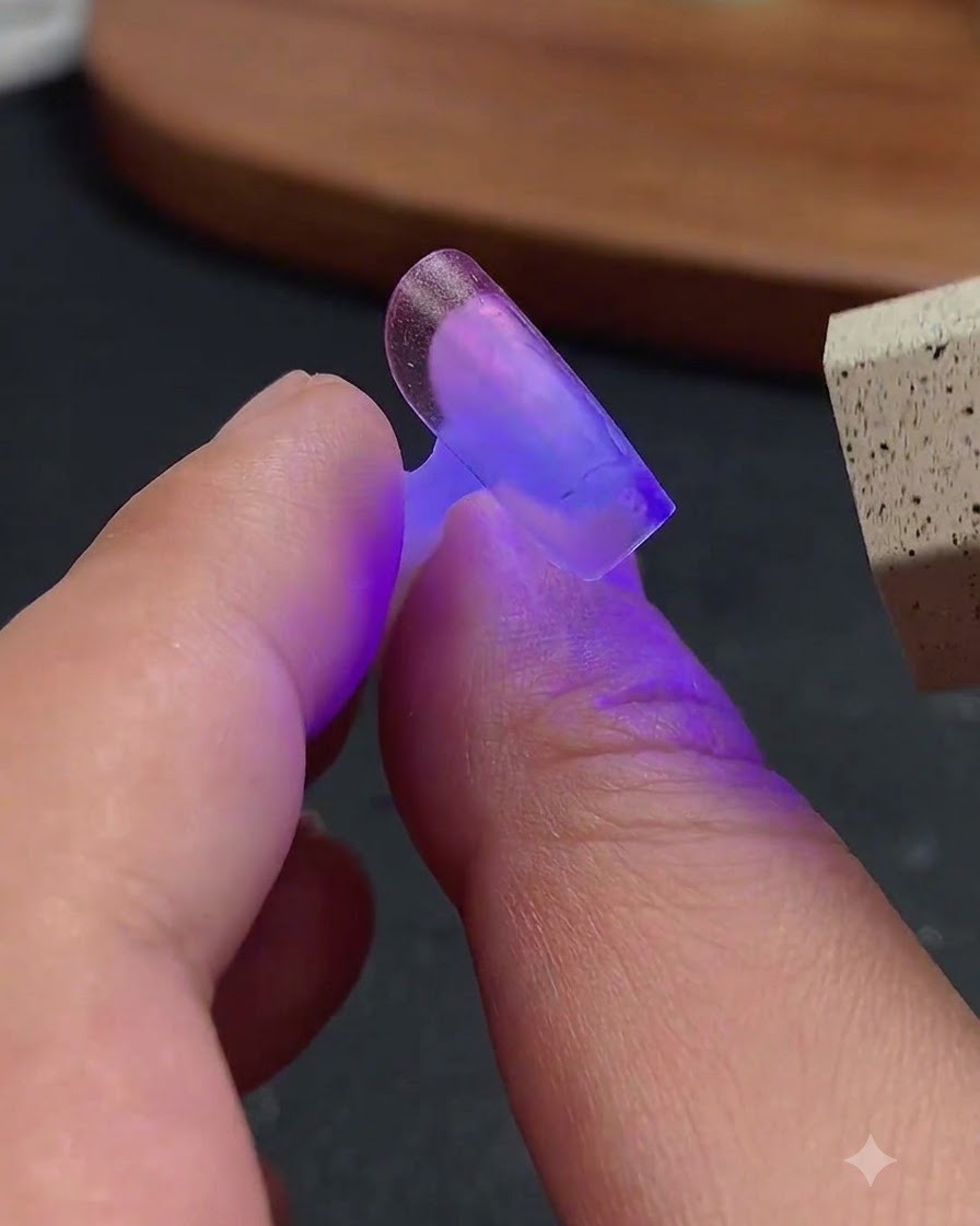 Una mini torcia UV/LED che emette una luce viola su una tip per unghie trasparente tenuta tra le dita.