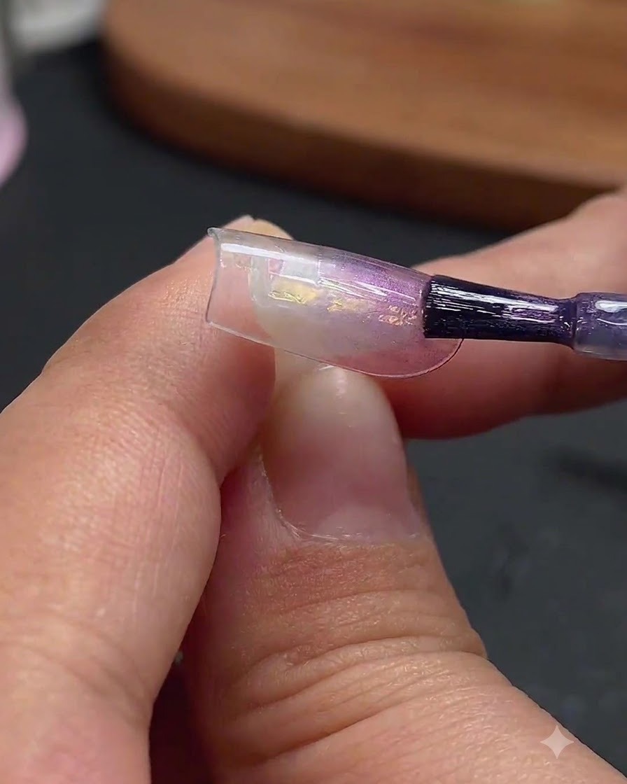 Un pennello per unghie che applica il gel cat-eye incolore a luce blu sulla parte centrale della tip per unghie decorata.