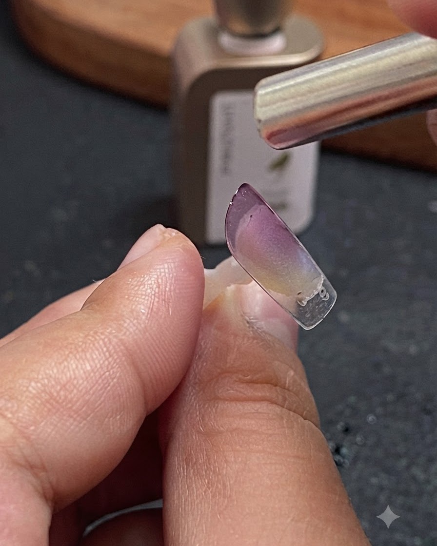 Uno strumento magnetico tenuto sopra una tip per unghie per concentrare le particelle di gel cat-eye in una striscia centrale.