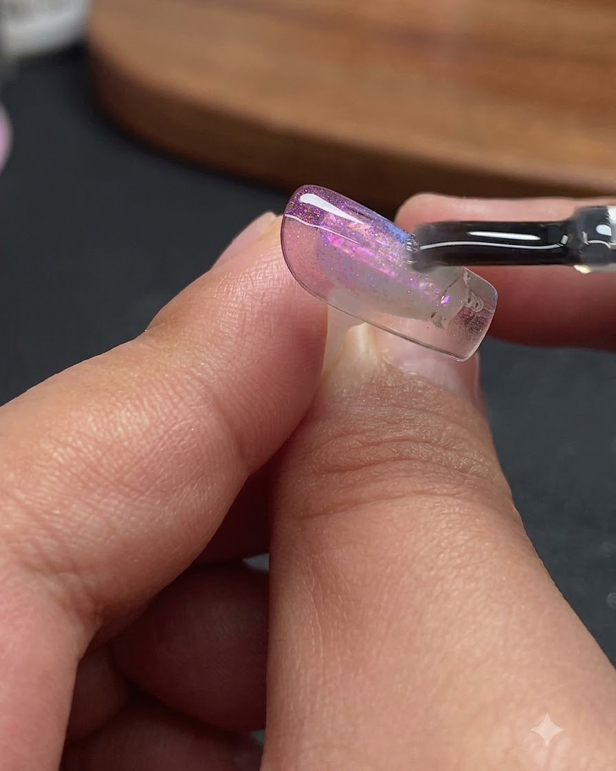 Un pennello per unghie che applica un top coat trasparente sul dettaglio del design aurora e cat-eye.