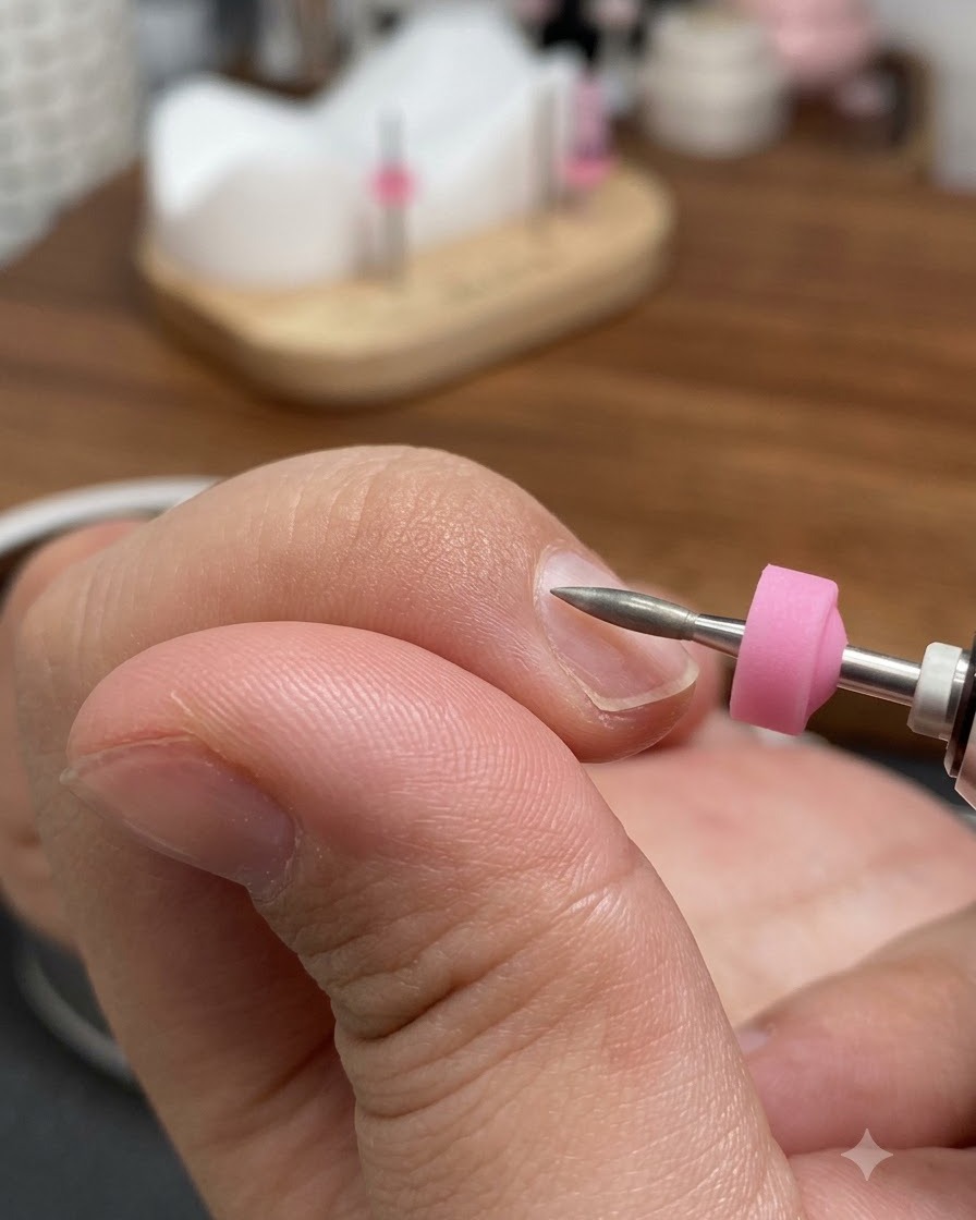 Una fresa per unghie elettrica con una punta conica che lavora da vicino vicino allarea delle cuticole di un dito naturale.