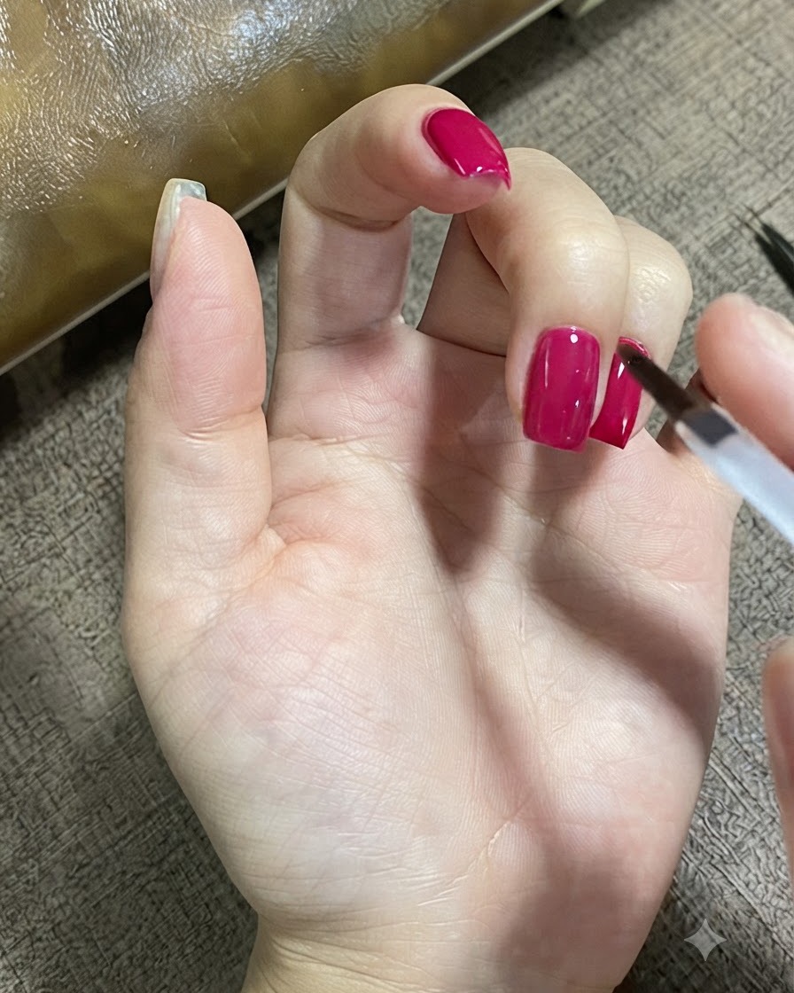 Un pennello per unghie applica con cura il top coat opaco sulla superficie di ununghia curata.
