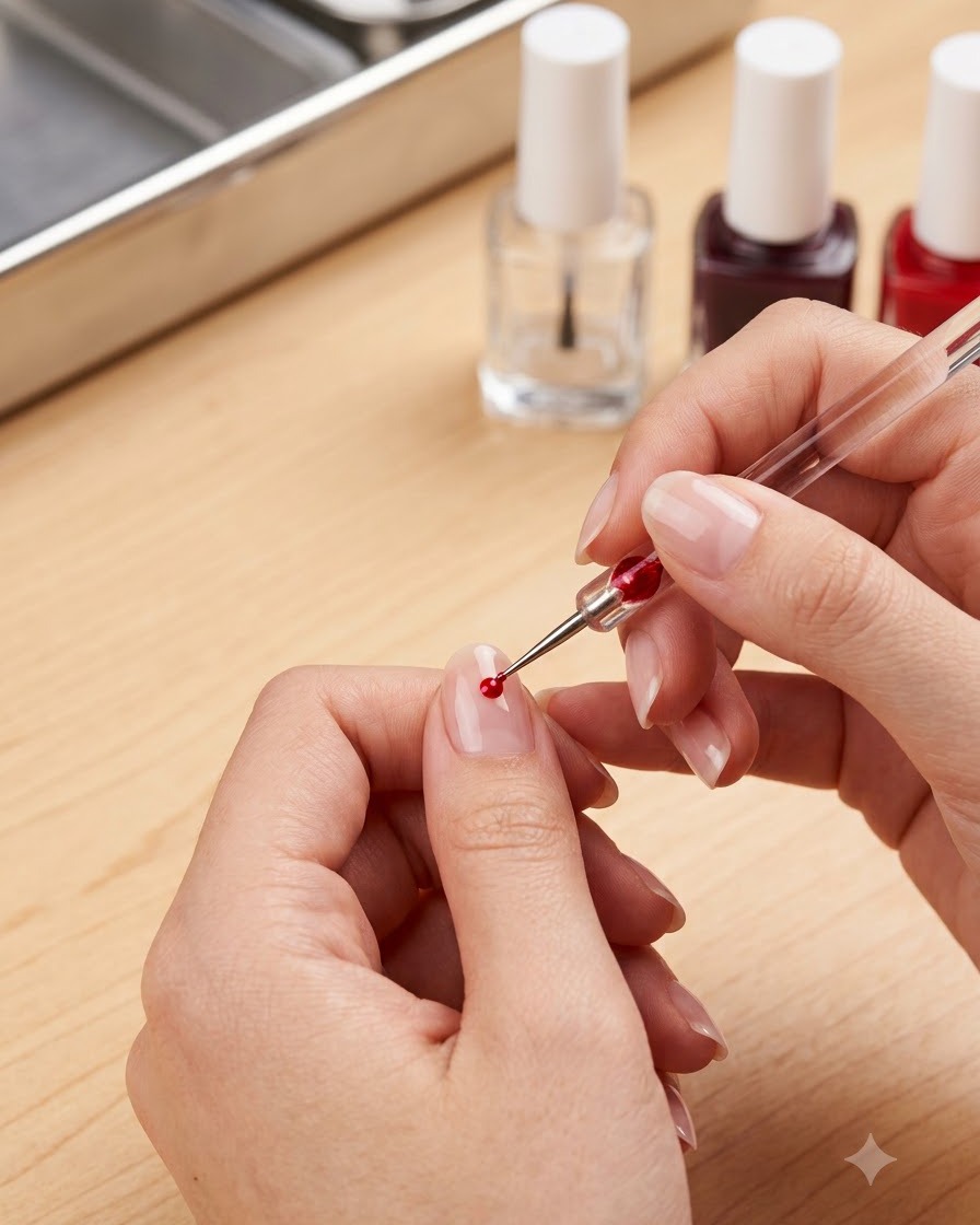 Primo piano di mani che usano uno strumento per dettagli fini per tamponare delicatamente e levigare una goccia di gel rosso vicino alla cuticola di ununghia naturale.
