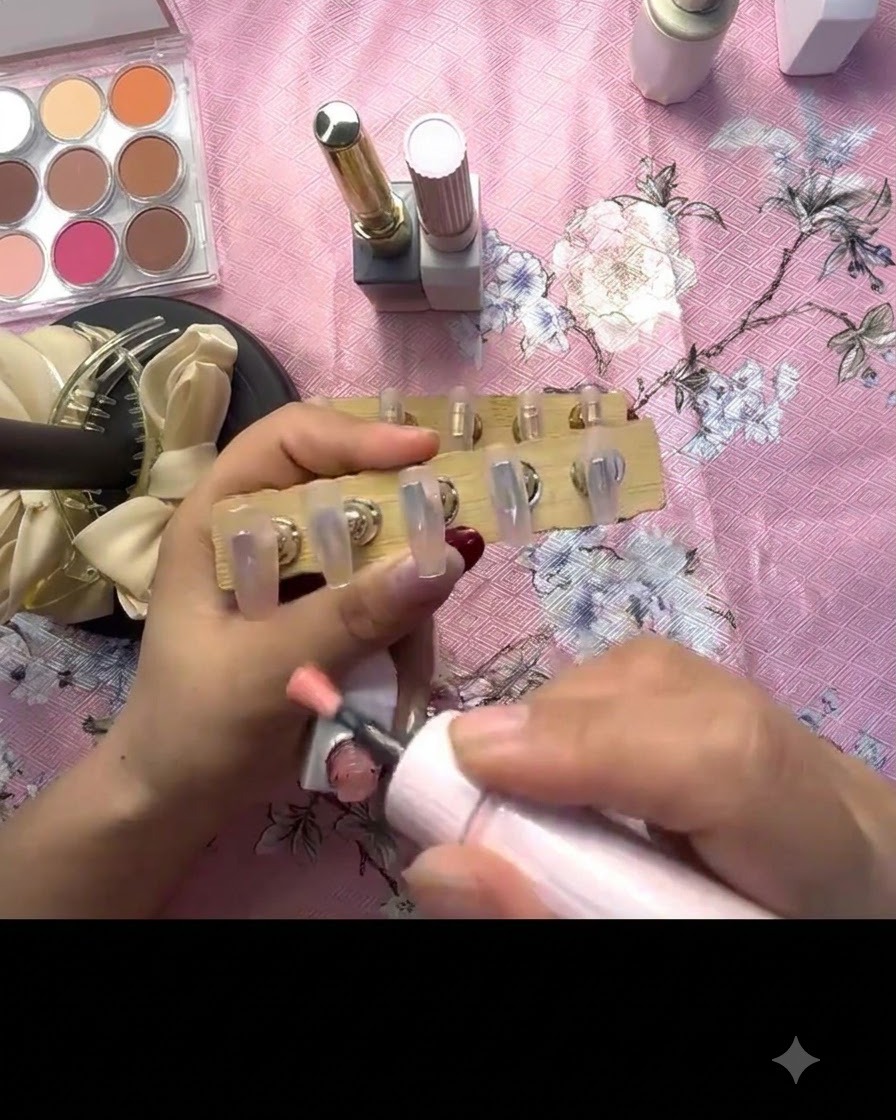 Un pennello che applica il gel rosa traslucido su ununghia press-on montata su un supporto di legno.