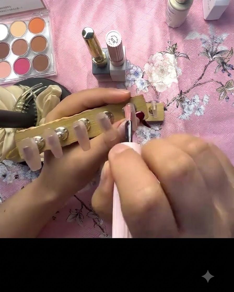Una mini lampada UV portatile che polimerizza le unghie press-on montate su un supporto di legno.