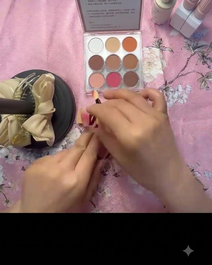 Un piccolo applicatore in spugna che preleva polvere di pigmento rosa rosa brillante da una tavolozza per trucco.