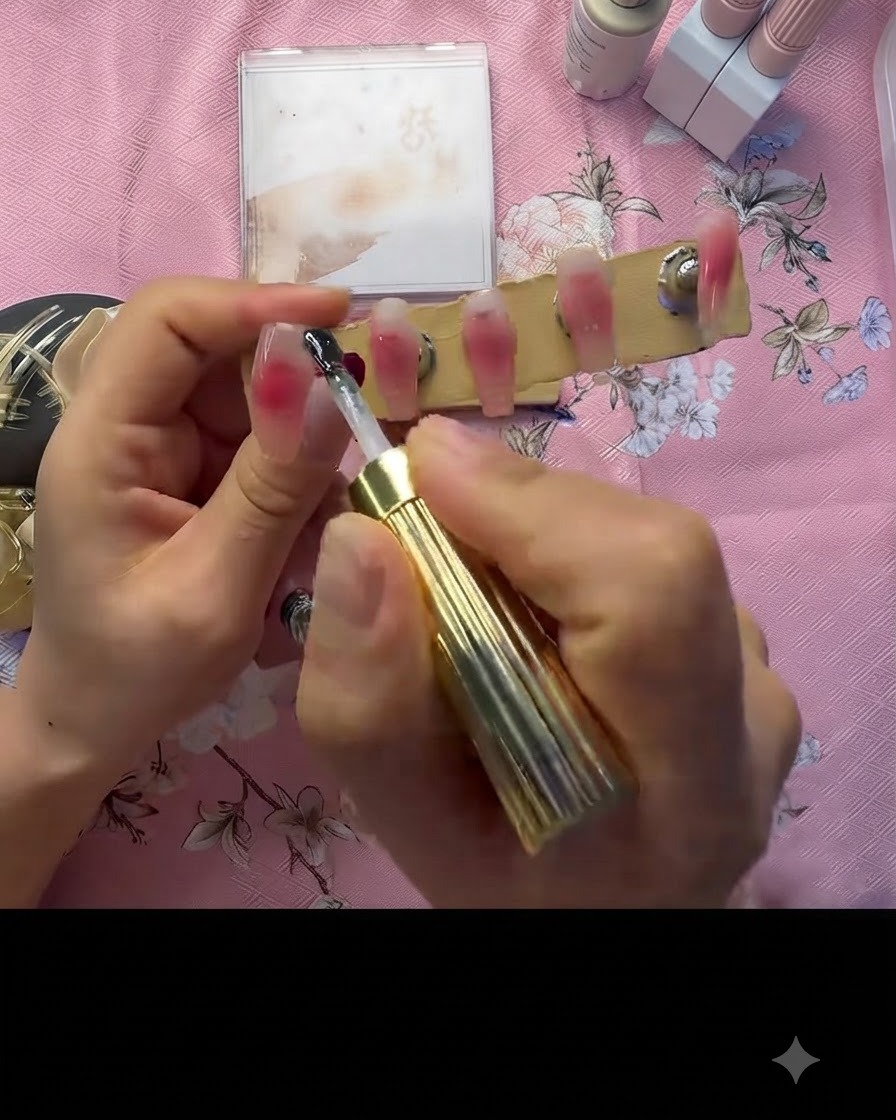 Un pennello che applica una mano di gel sigillante trasparente sopra lunghia con gradiente rosa sfumato.