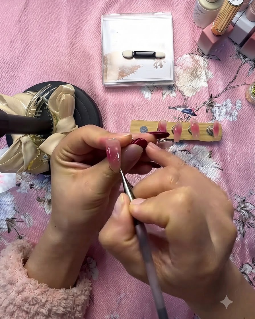 Un pennello liner sottile che disegna la forma di un cuore bianco su ununghia press-on con gradiente rosa.