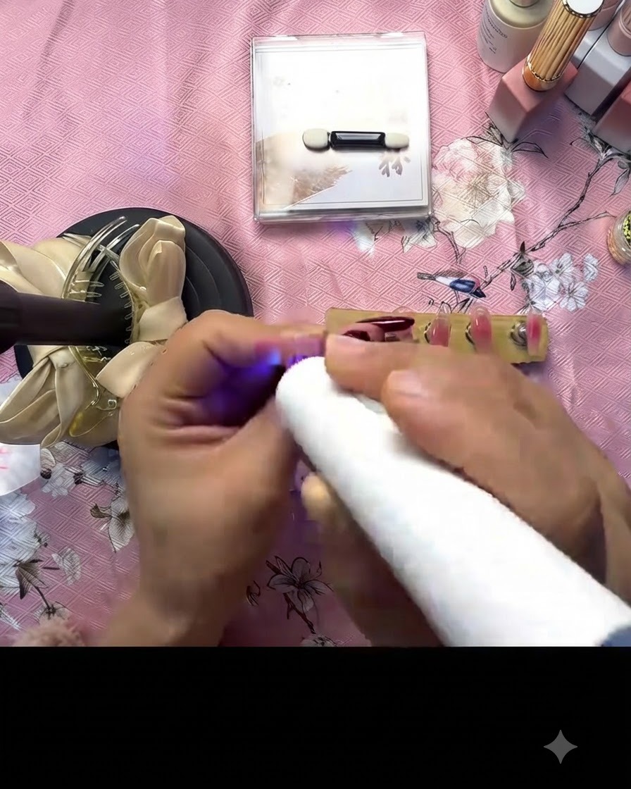 Una mini lampada UV che polimerizza lunghia dipinta su un supporto di legno.