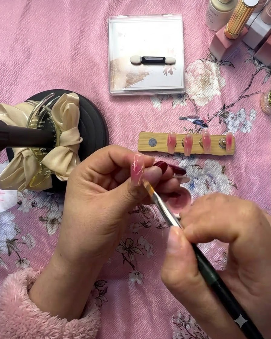 Un pennello per dettagli che aggiunge sottili linee bianche decorative attorno alla forma del cuore polimerizzato su ununghia rosa.