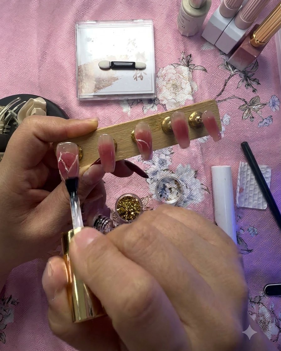Un pennello che applica un rivestimento protettivo in gel trasparente sopra la nail art del cuore.