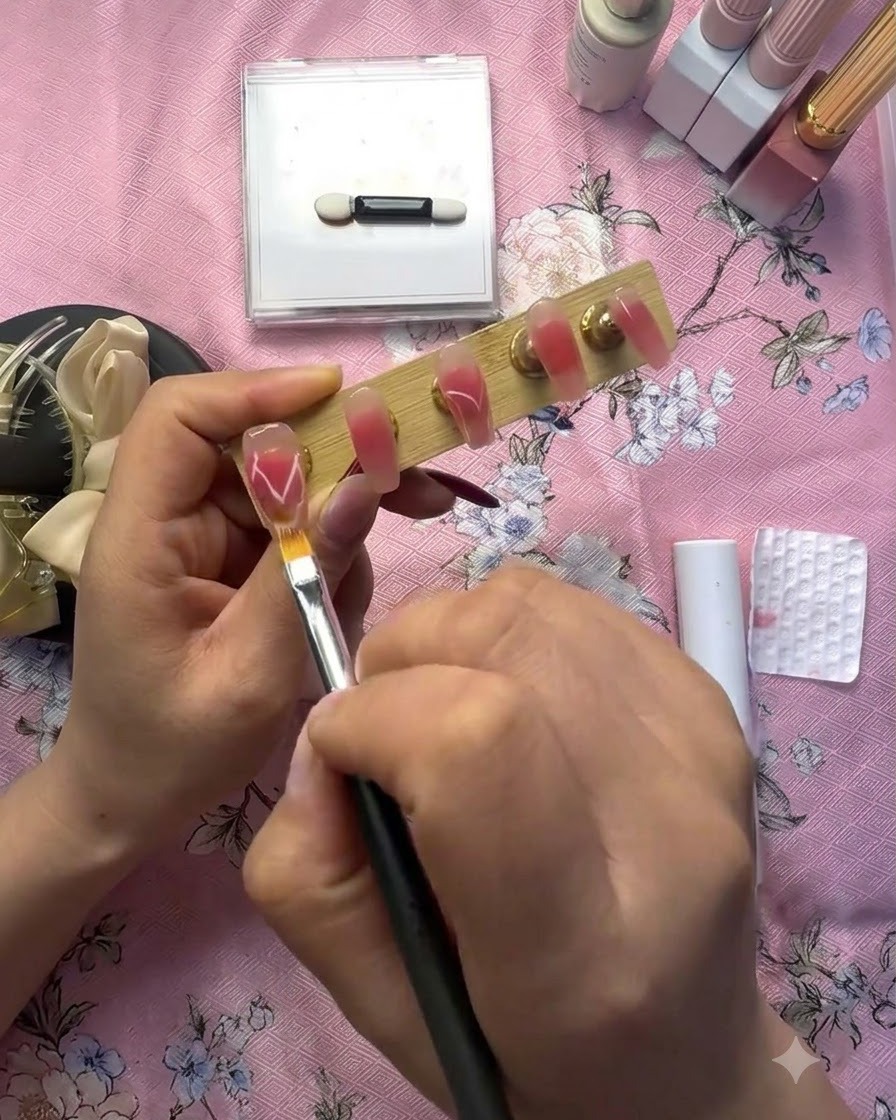 Uno strumento per dettagli che posiziona piccoli pezzi di foglia doro scintillante su una superficie di gel umido vicino a un design a cuore bianco.