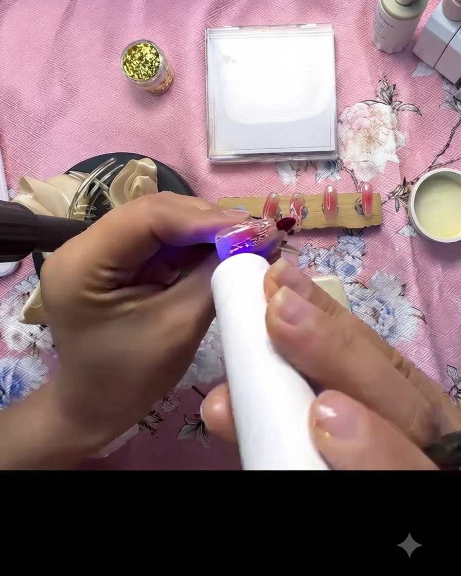 Una mini lampada UV/LED che polimerizza i piccoli punti di accento 3D trasparenti su ununghia decorata.