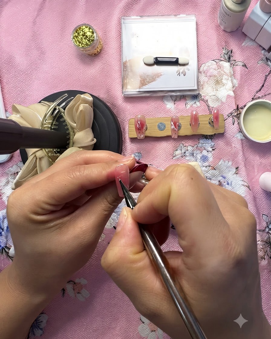 Un primo piano di unonicotecnica che applica piccoli elementi decorativi su ununghia di accento con gradiente rosa.