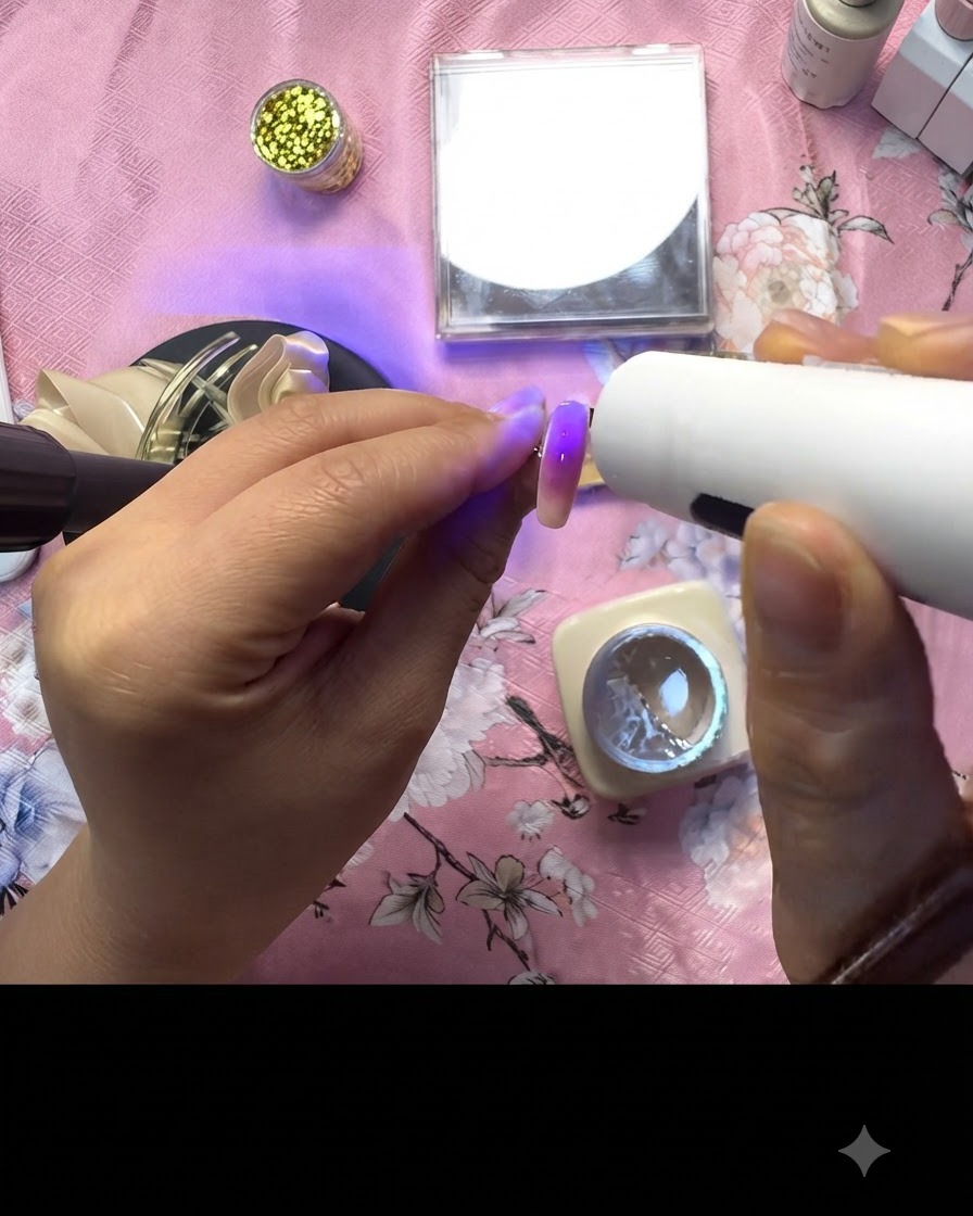 Una lampada UV che polimerizza il set finale di unghie di accento rosa decorate con dettagli in foglia doro.