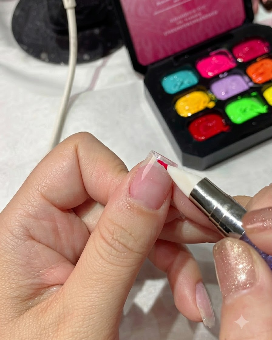 Un primo piano di un applicatore a spugnetta che tampona smalto gel rosso magenta brillante sul bordo di una piastra ungueale preparata.
