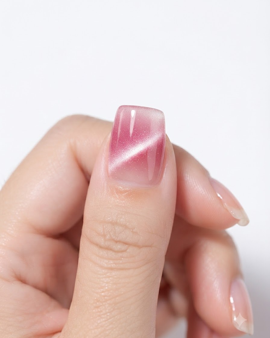 Uno strumento magnetico tenuto vicino ai lati di ununghia rivestita in gel cat-eye per creare unampia fascia di luce centrale.