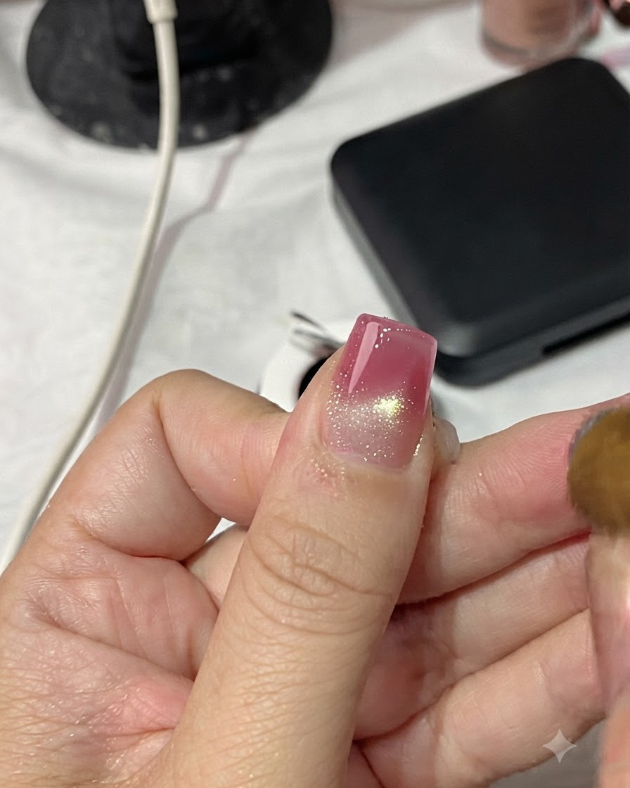 La punta cilindrica di un magnete mossa con un movimento circolare sopra ununghia cat-eye magnetica.