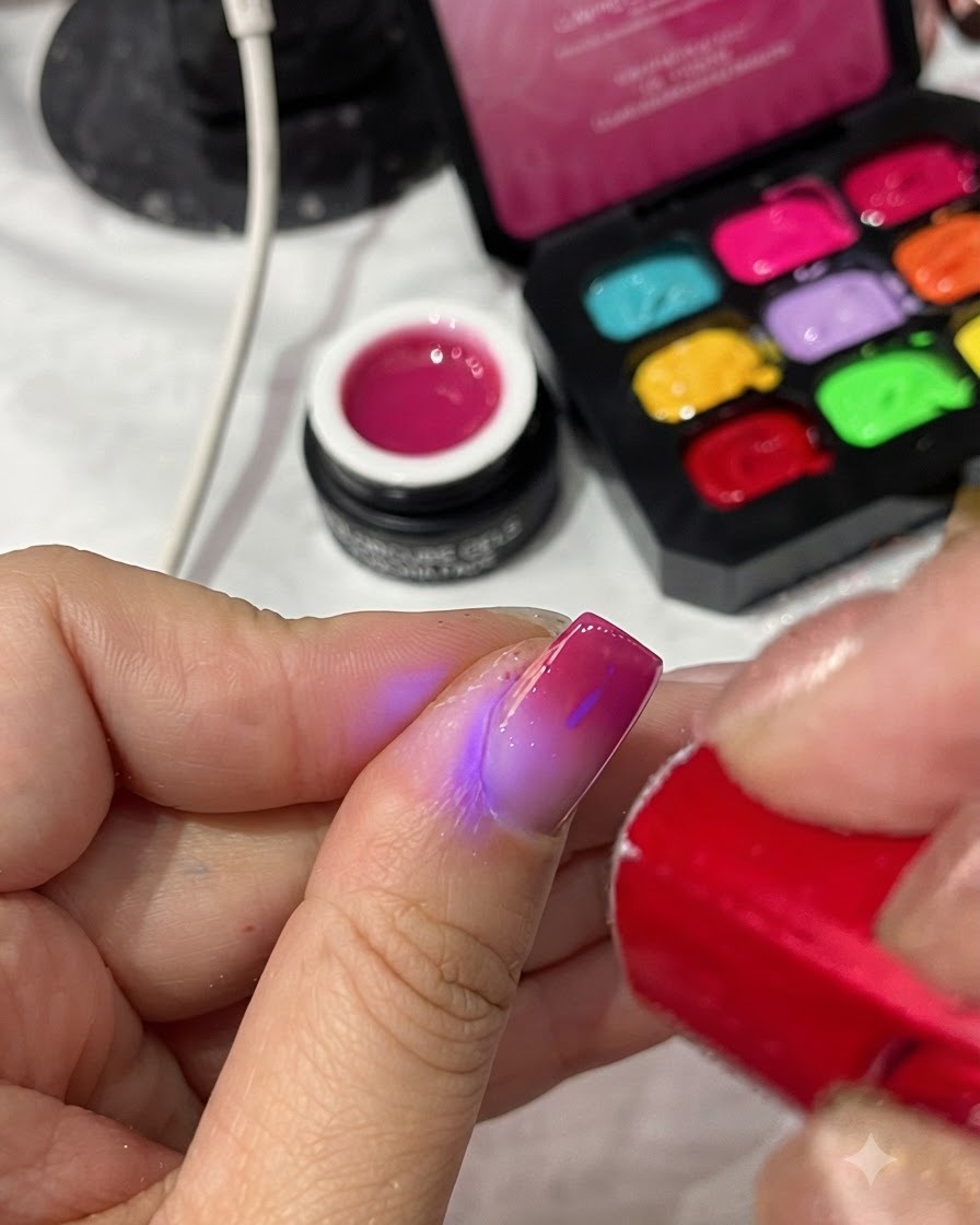 Una lampada UV/LED portatile rossa che polimerizza il top coat su una manicure completata.