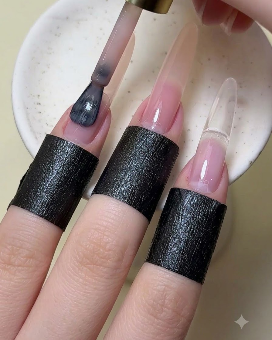 Un pennello da manicure applica lo smalto gel color nude su ununghia allungata.