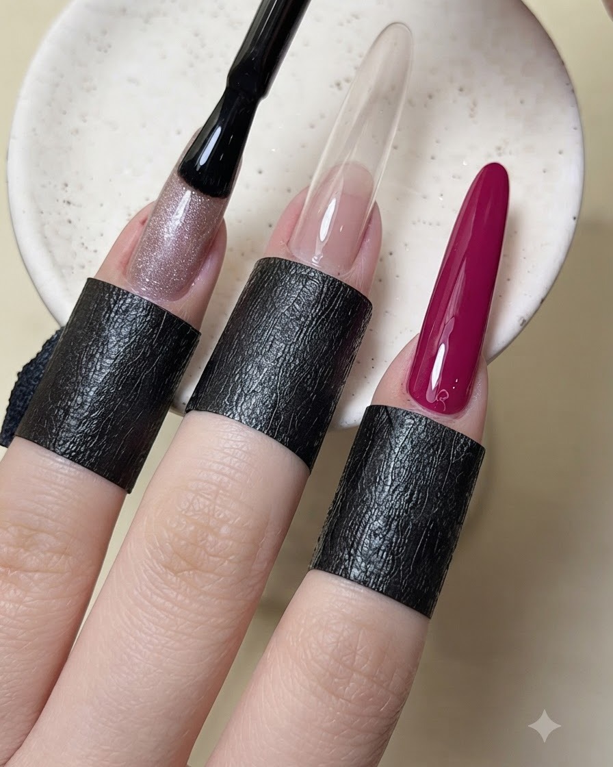 Un pennello applica lo smalto gel cat-eye metallizzato sullunghia dellanulare.