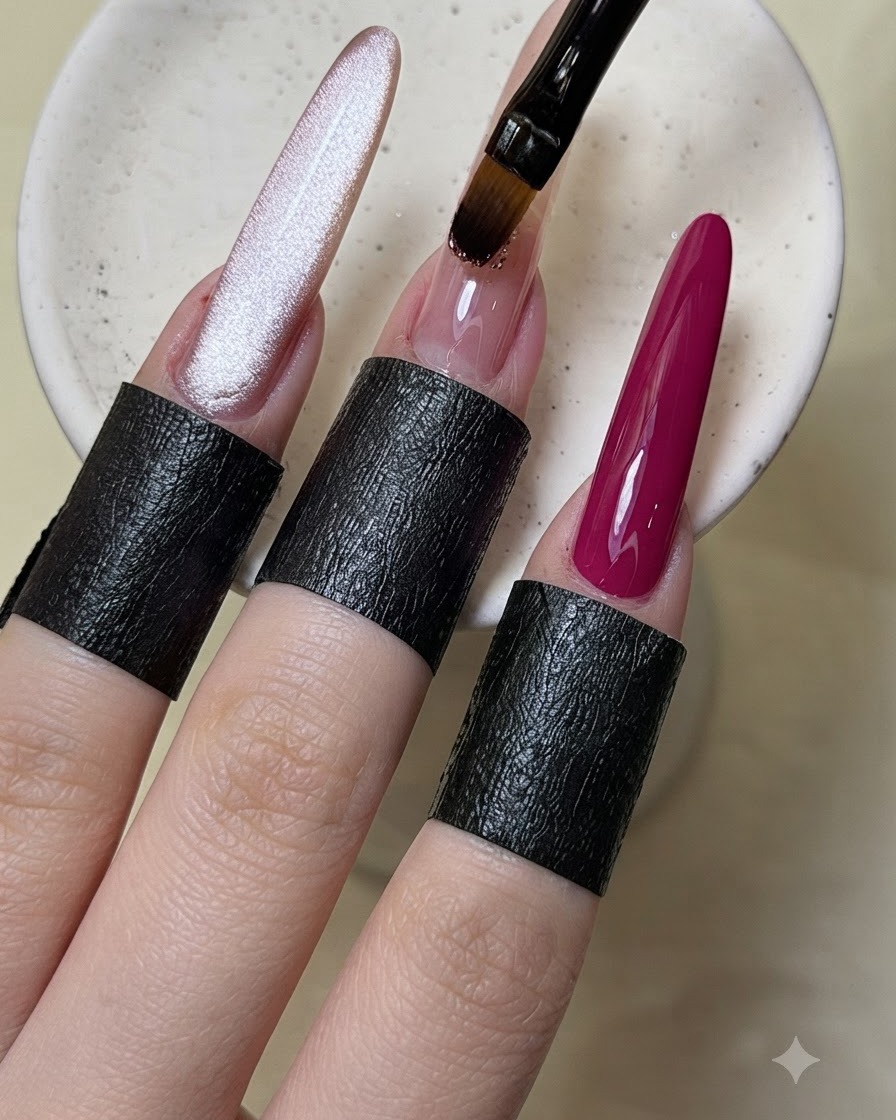 Un pennello sottile posiziona minuscole scaglie di glitter e paillettes sullunghia del dito medio.