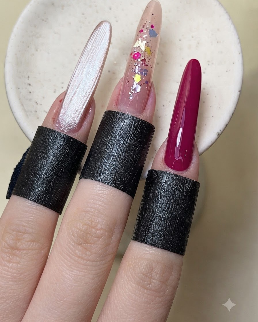 Una mano manicurata mostra i design completati tra cui cat-eye e incapsulamento di glitter.