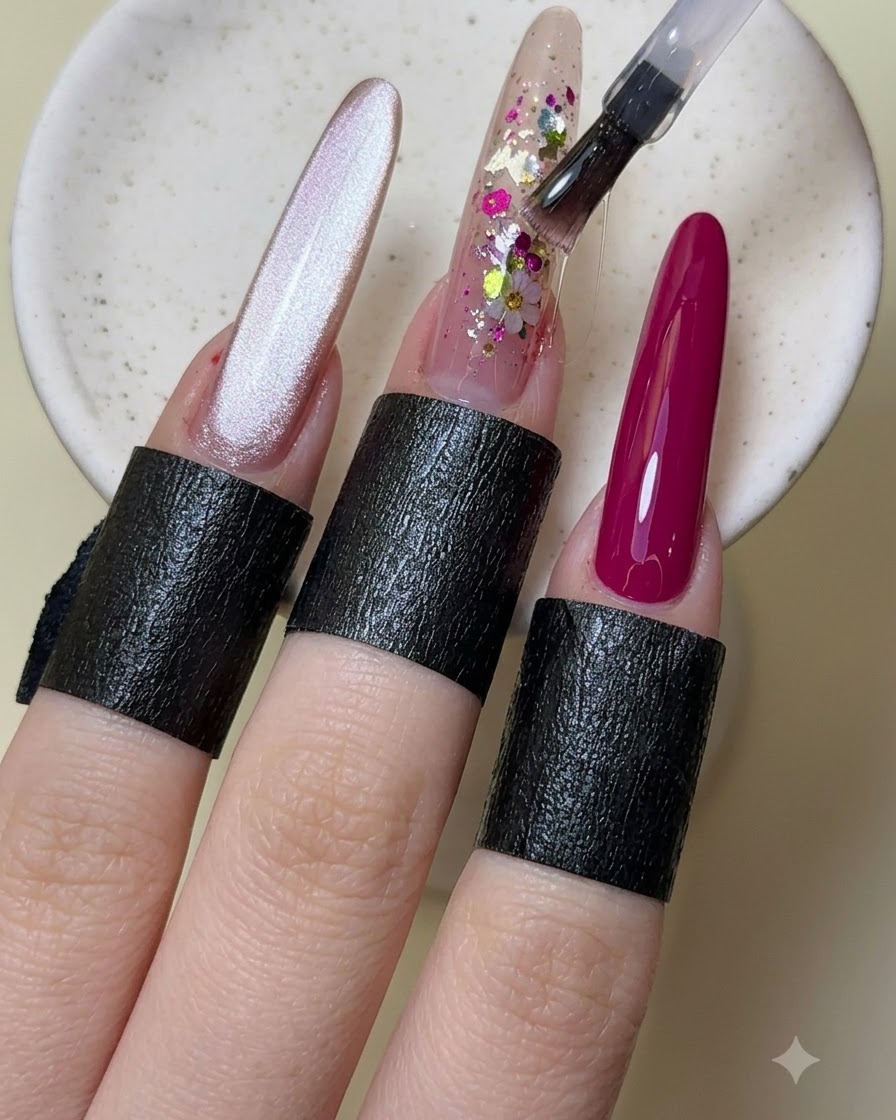 Un pennello applica uno strato di top coat trasparente sullunghia decorata del dito medio.