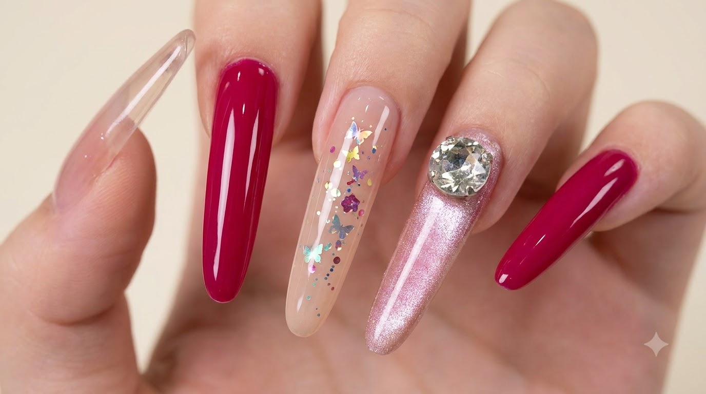 Unghie Magenta e Nude con Effetto Cat-Eye e Strass — Tutorial Passo dopo Passo