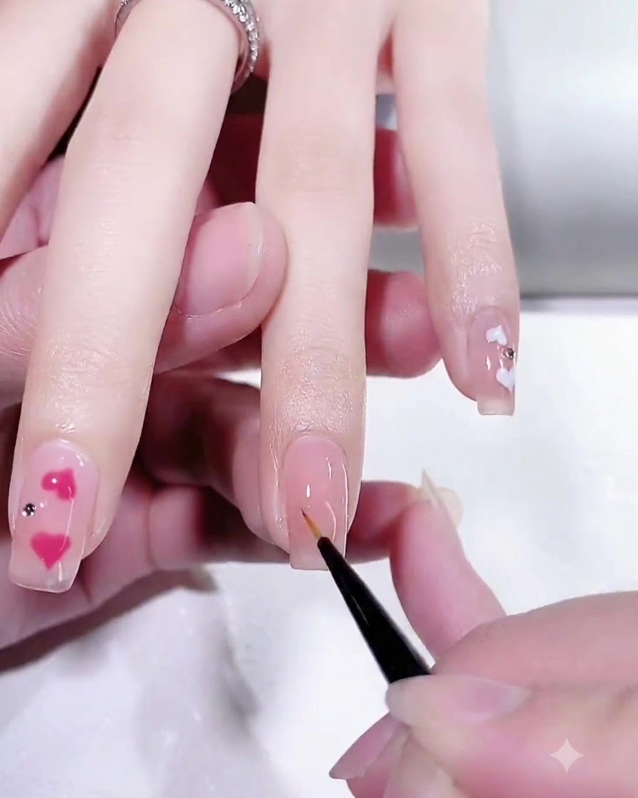 Primo piano di un pennello a punta fine che intinge il colore gel bianco su una tavolozza di miscelazione.