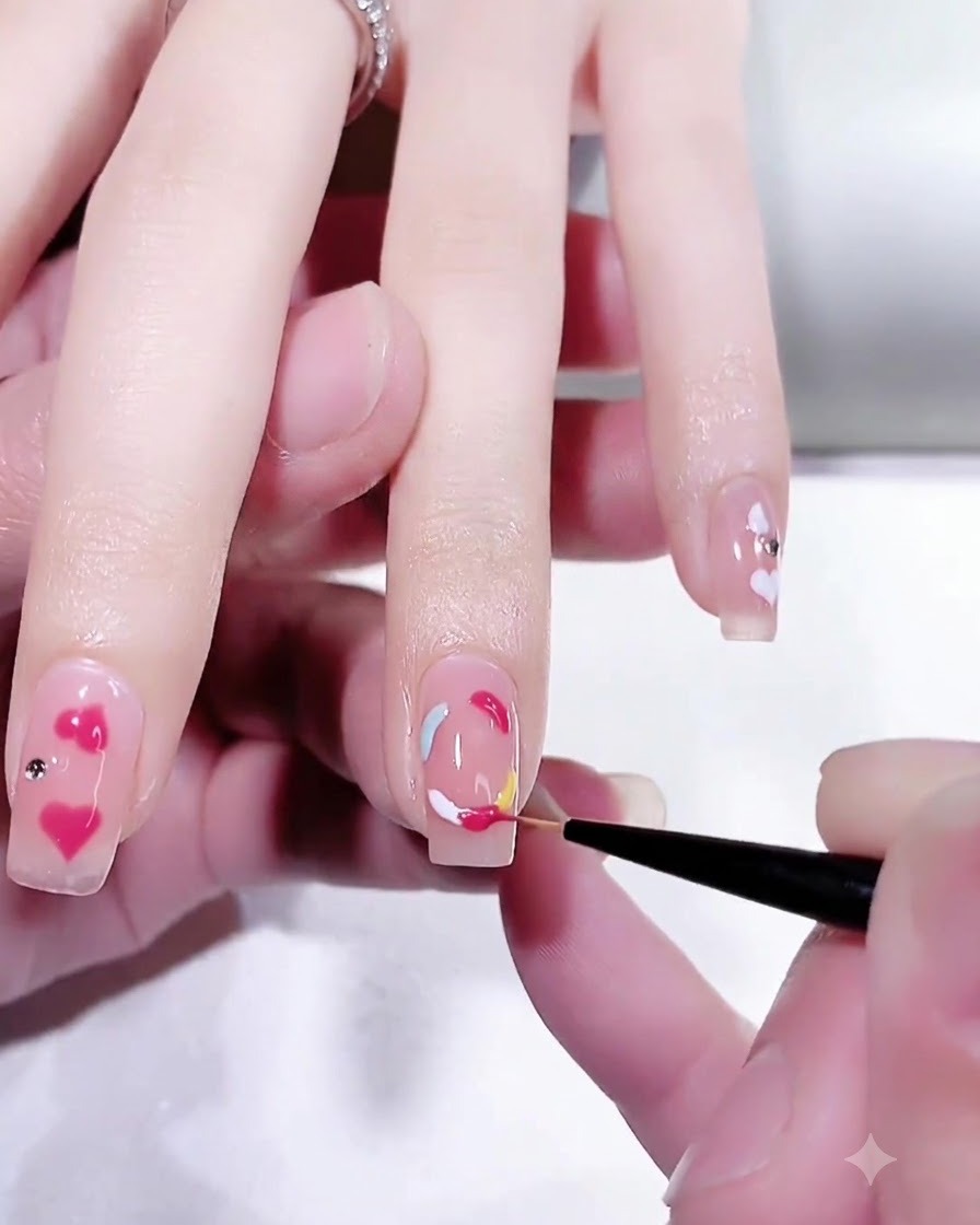 Primo piano di un pennello per nail art di dettaglio che rifinisce la vibrante sezione rosa pesca di un design ad anello in gel multicolore su ununghia.