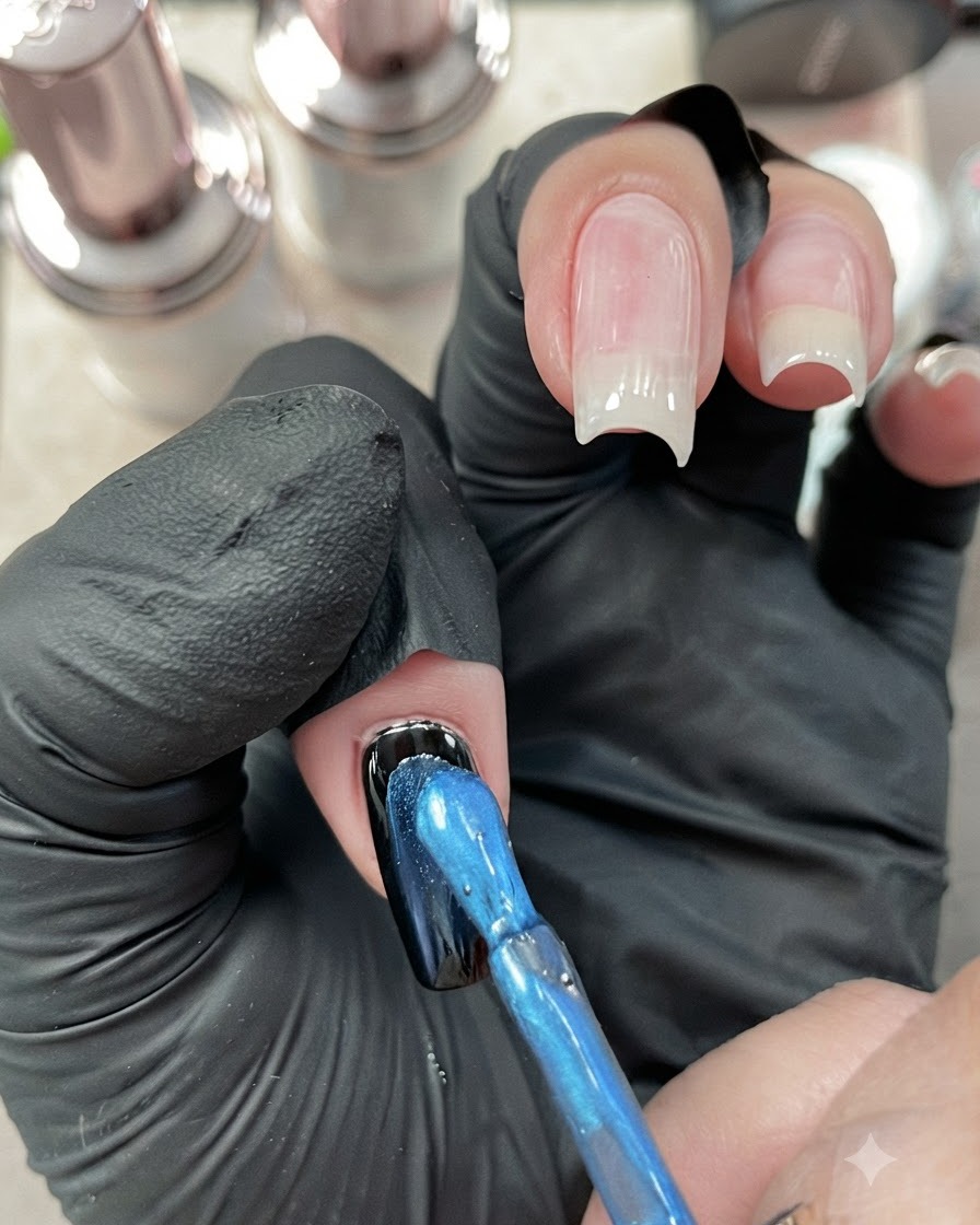 Un pennello che applica uno smalto gel cat-eye metallico blu vivido sopra ununghia rivestita di gel nero.