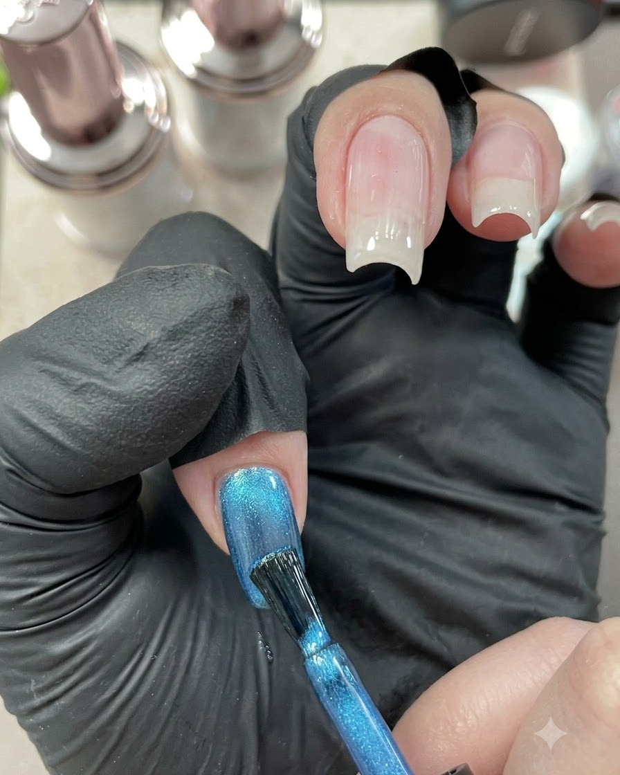 Ununghia con manicure cat-eye blu che riposa sotto una luce di polimerizzazione mini portatile.