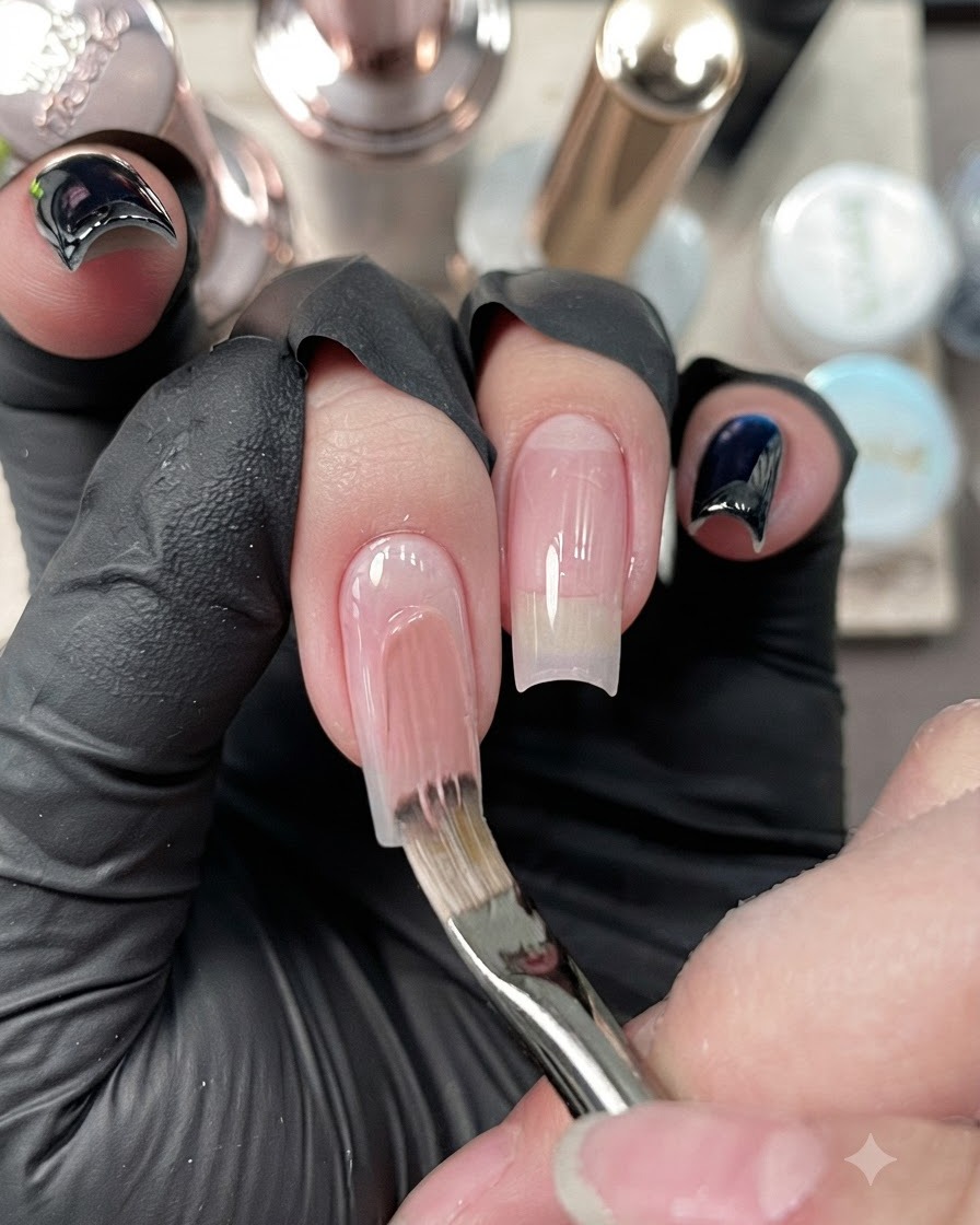 Un pennello per unghie che applica uno strato uniforme di smalto gel nude sulla piastra dellunghia del medio.