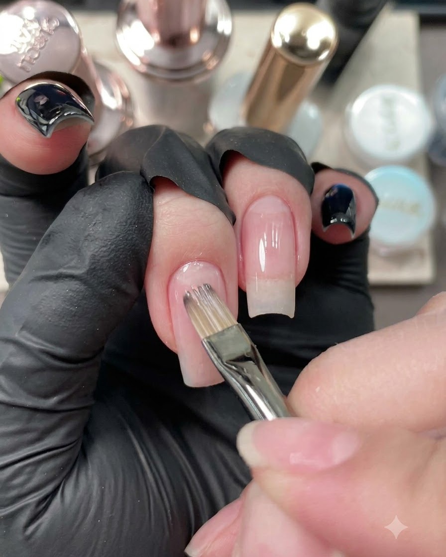 Un pennello per unghie che applica la base coat nude sullunghia dellanulare.