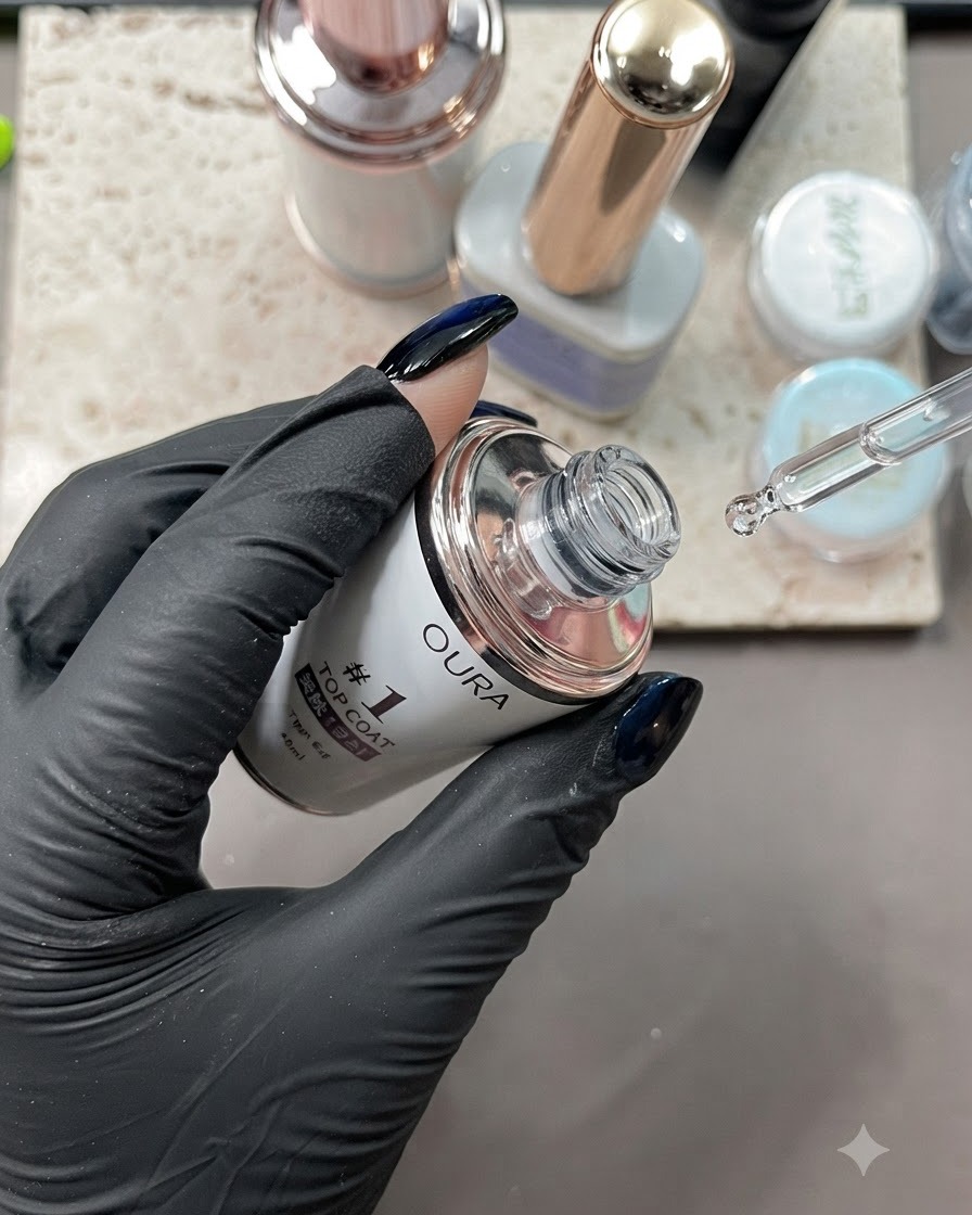 Un flacone di top coat con un contagocce che eroga il prodotto accanto a una mano guantata.