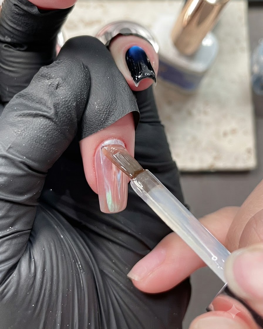 Un pennello che applica un gel base trasparente e leggermente colorato di viola su ununghia con finitura cromata.