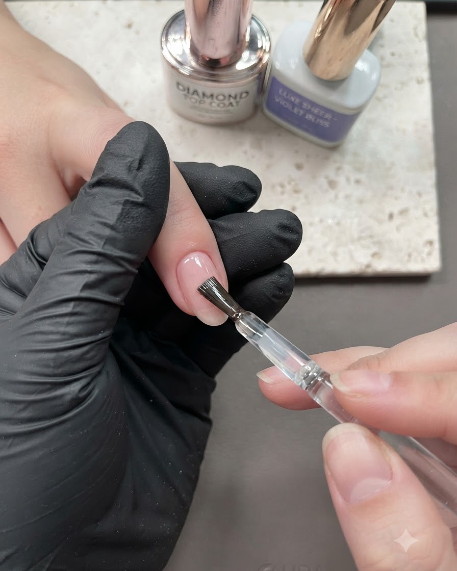 Un pennello che applica un top coat lucido sulla superficie di ununghia con manicure.