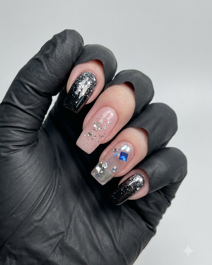 Una mano che mostra unghie decorate con punte sfumate di glitter nero, ununghia nude con scaglie dargento e ununghia daccento con stelle e strass.
