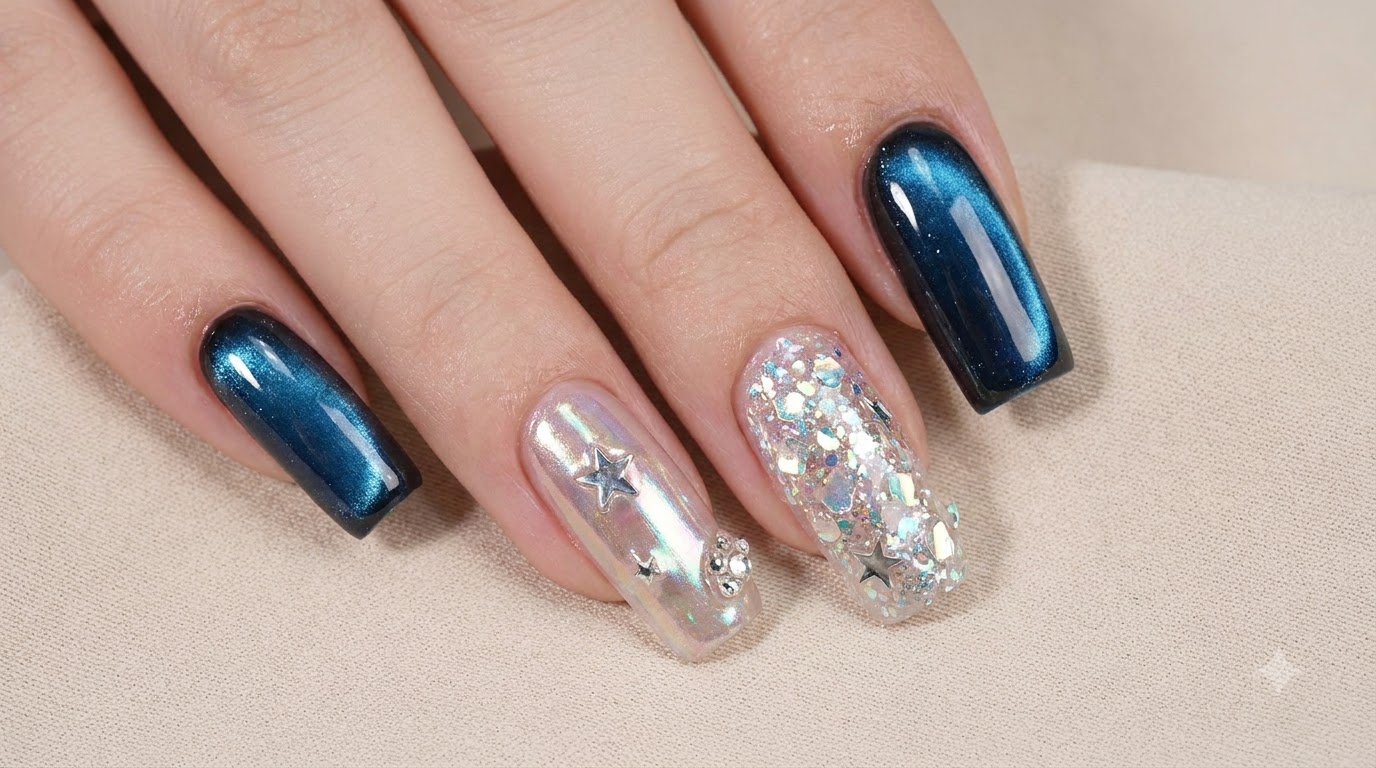 Unghie Cat-Eye Blu Oceano Profondo e Polvere Aurora — Tutorial Passo dopo Passo
