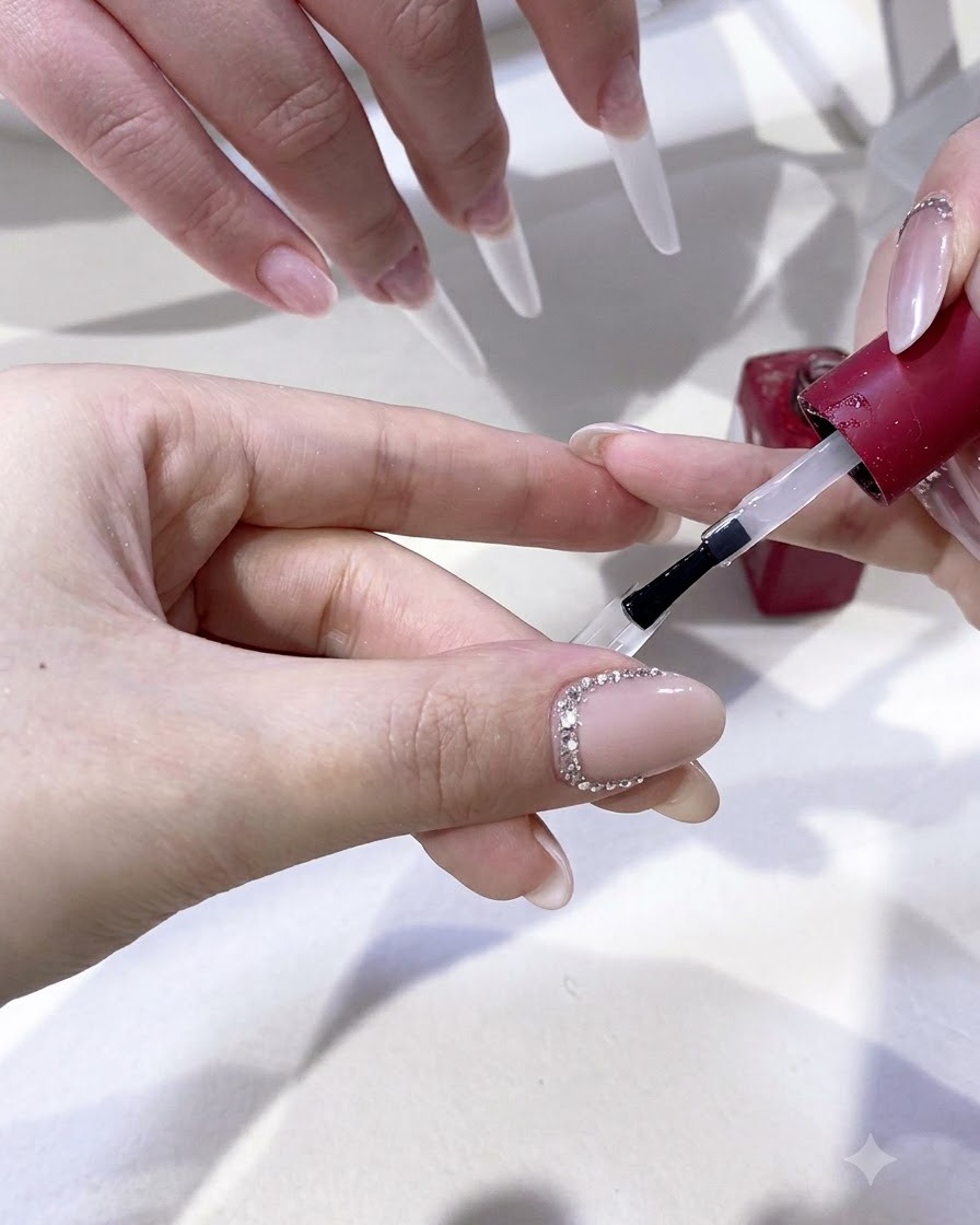 Un pennello che applica il base gel trasparente sulla superficie di ununghia estesa.