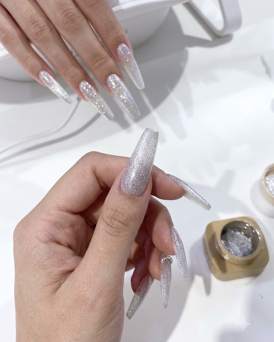 Una vista in primo piano di una mano che tiene ununghia in gel cat-eye finita per ispezionare lallineamento della luce.