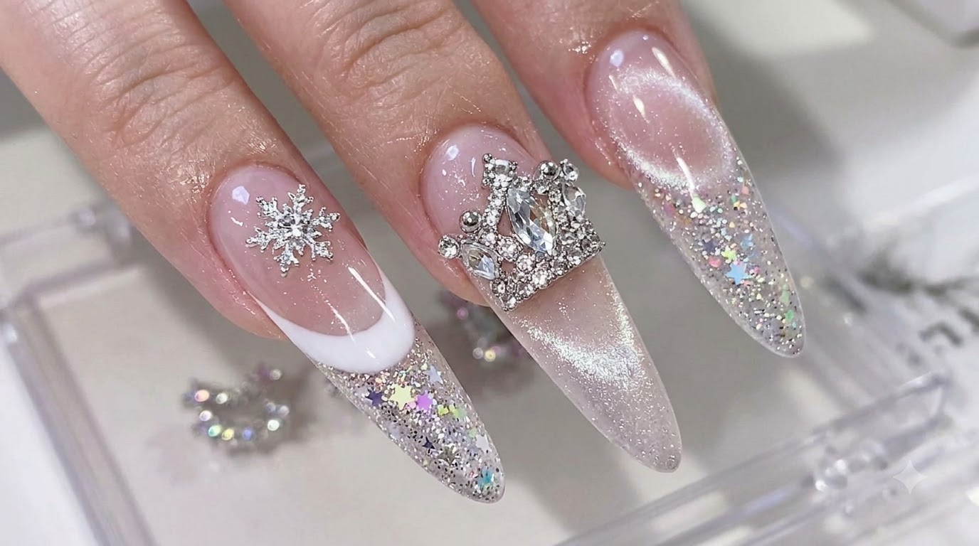 Tutorial di Nail Art con Effetto Occhio di Gatto, Polvere Diamante Spezzata e French Extension