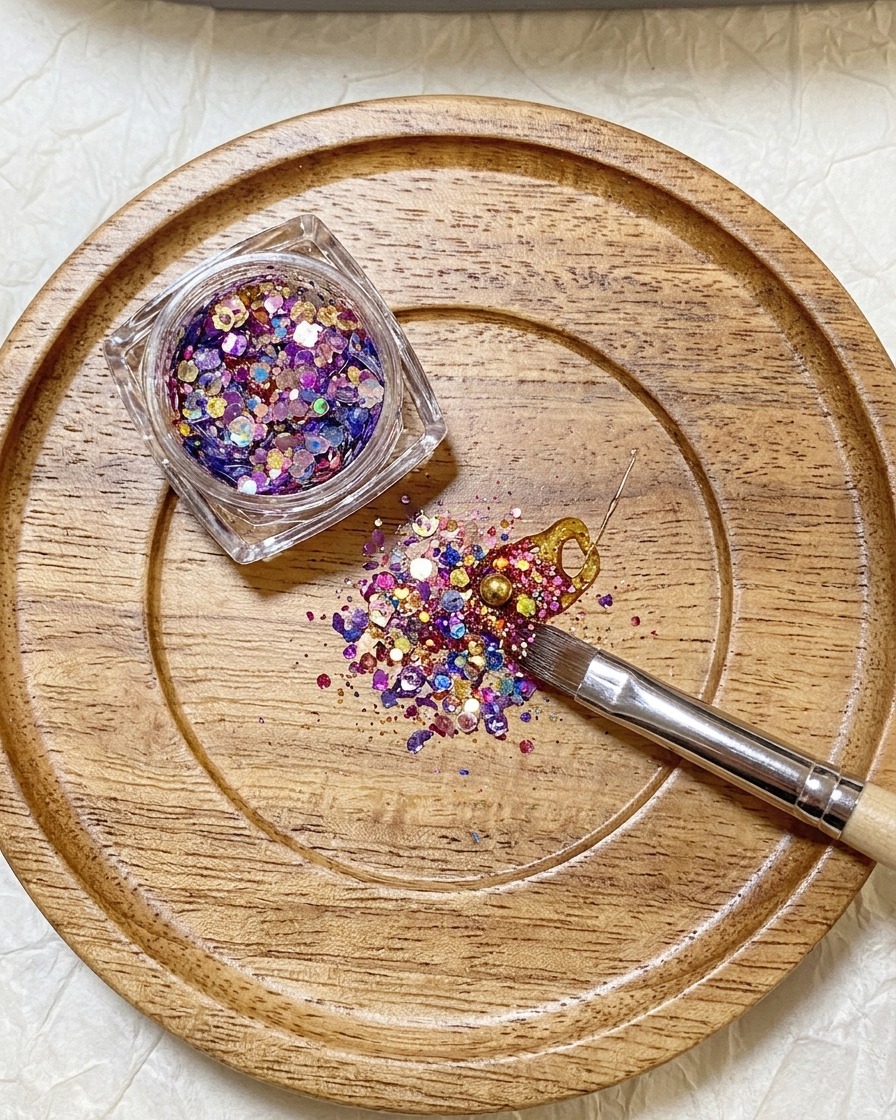 Un barattolo di glitter colorati accanto a una tavolozza di legno in cui un pennello mescola scaglie di glitter nel gel.