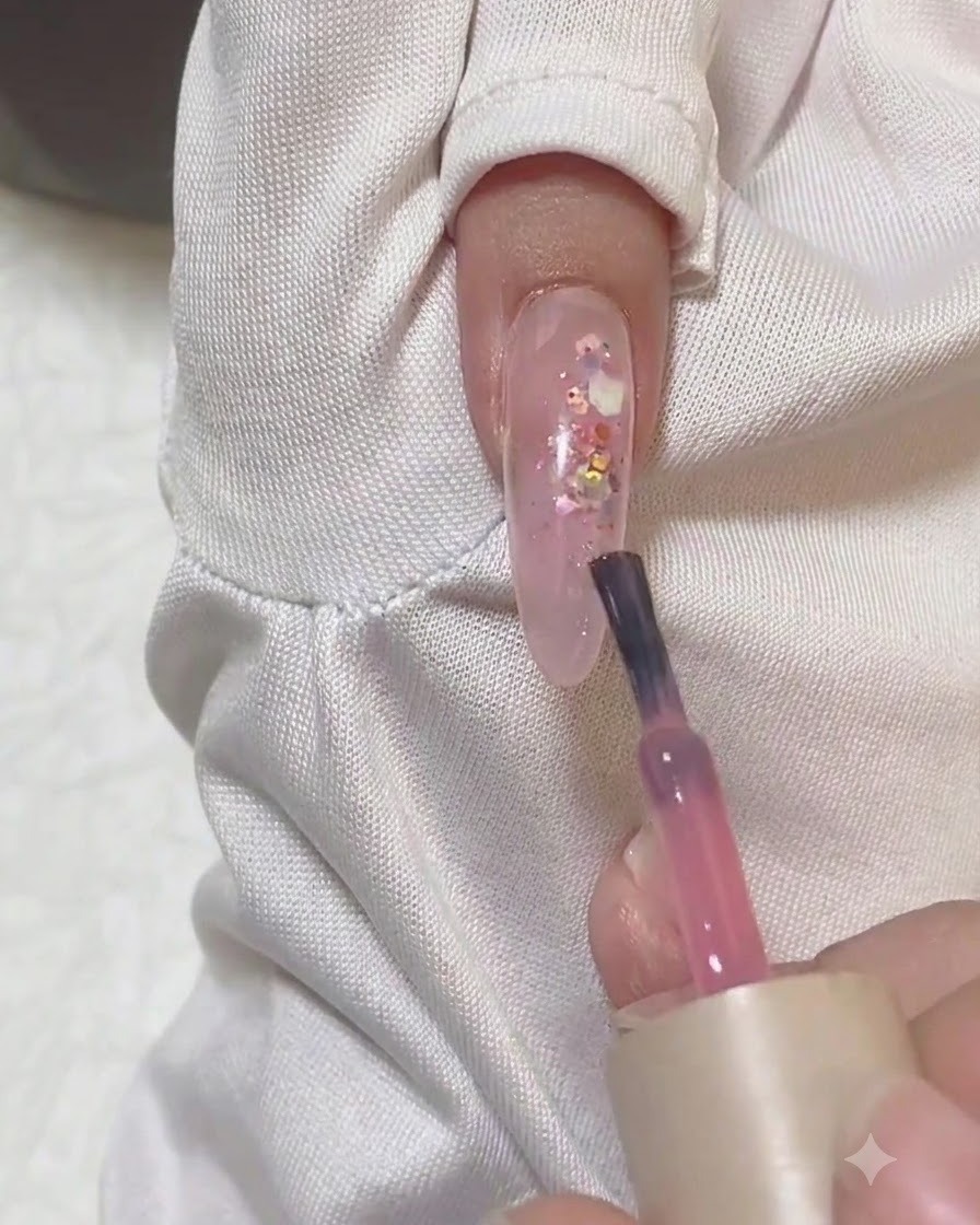 Un pennello da smalto in gel rosa che applica un colore rosa trasparente sulla punta di ununghia a mandorla trasparente con glitter incapsulati.