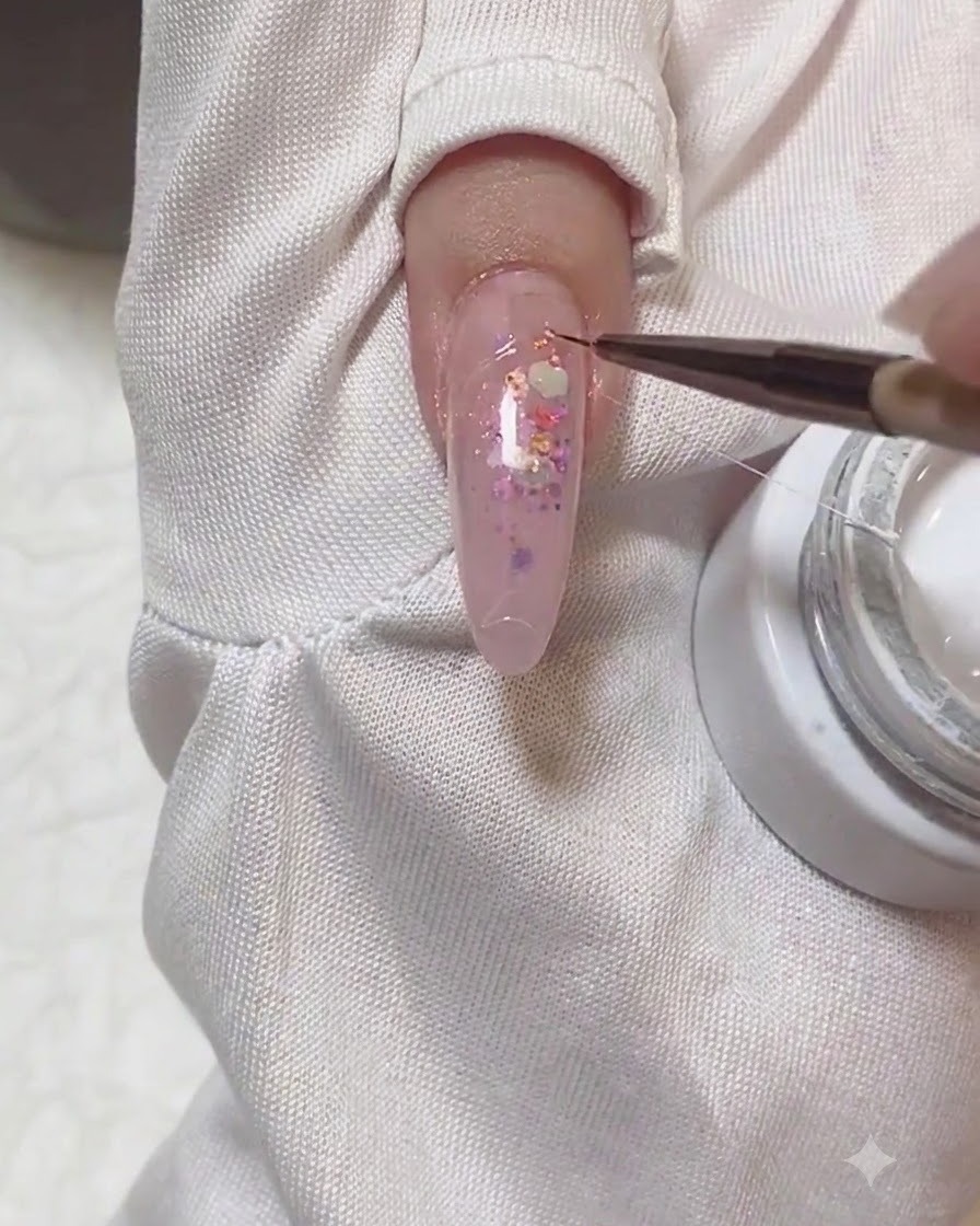 Un pennello di dettaglio che tira un sottile filo di spider gel bianco su ununghia curata.