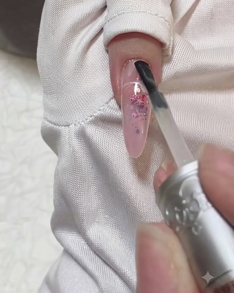 Un pennello che applica un top coat lucido finale sulle unghie a mandorla.