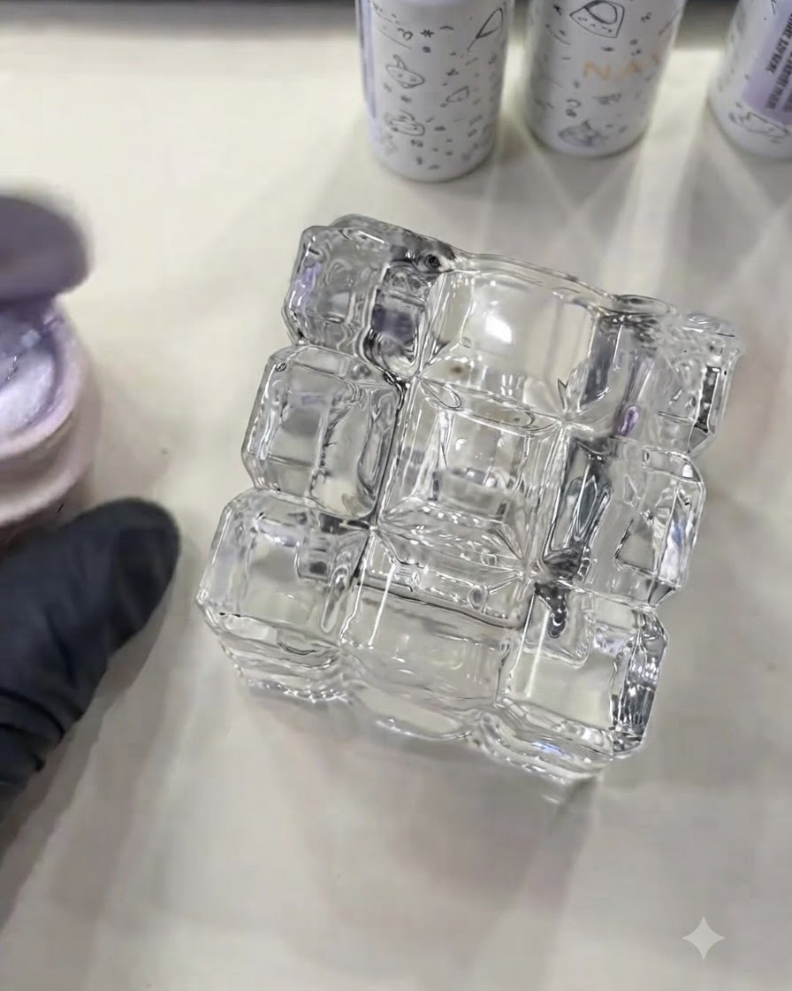 Un barattolo di gel cat eye riflettente aperto accanto a un blocco espositivo trasparente quadrato.