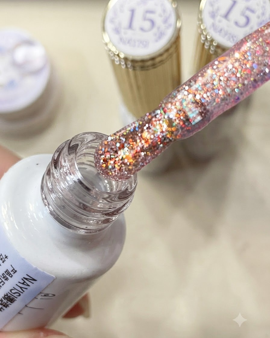 Un pennello da smalto carico di glitter diamante frantumato rosa-viola estratto da una boccetta.